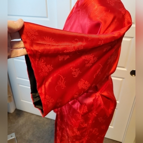VINTAGE ASIAN INSPIRED 1980s LONG REVERSIBLE ROBE RED BLACK WOMEN SIZE XL - Picture 5 of 12